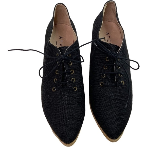 ATELIERS Black Leather Backed Canvas Pointy Toe Lace Up Espadrille Wedges Sz 8.5 - Picture 3 of 10